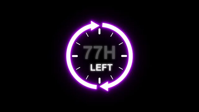 24 hours clock with circle arrow and the numbers 77 Hour left. video animation on alpha channel background, Clock timer, time passage waiting time animation (4K). 77 Hour Countdown timer. Clock icon.