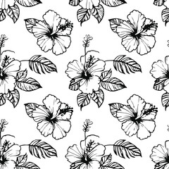 Seamless line art pattern with hibiscus flowers and tropical leaves, clean thin outlines, white background 1 © MdRubel