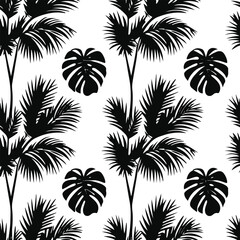 seamless tropical pattern of palm leaves, bold black line art, minimal outlines, white background, tropical botanical theme, clean vector design for textiles and backgrounds 1