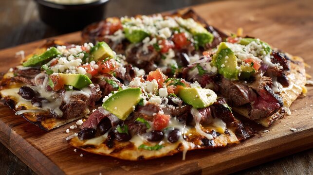 Sizzling Oaxaca Tlayuda with Grilled Steak, Melted Cheese, Black Beans, Fresh Avocado, and Pico de Gallo, Served on a Rustic Wooden Board, Authentic Mexican Flavors, High-Resolution Food Photography