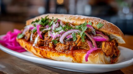 Mexican torta ahogada sandwich soaked spicy tomato sauce filled with carnitas and served with pickled onions on a white plate