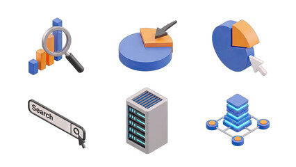 Set of 3D Isometric Icons Representing Data Analysis Business Intelligence and Technology Concepts on Transparent Background