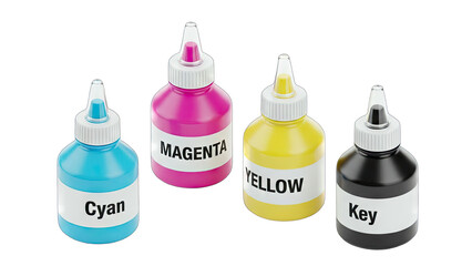 Set Of Four Ink Bottles Cyan Magenta Yellow And Key CMYK Color System For Printing On Transparent Background Studio Lighting