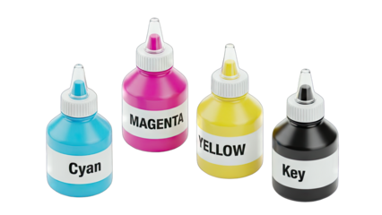 Set Of Four Ink Bottles Cyan Magenta Yellow And Key CMYK Color System For Printing On Transparent Background Studio Lighting
