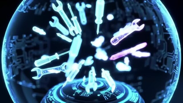 Abstract digital display of tools and technology elements in blue