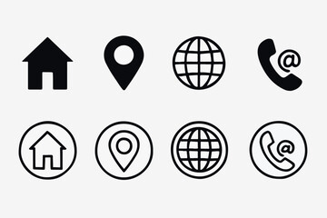 PrintSet of eight contact information icons in black and white