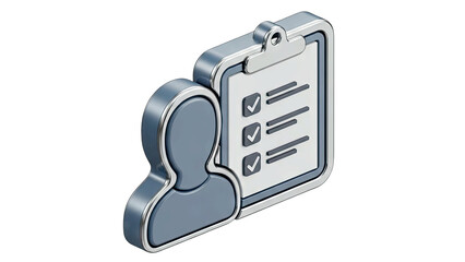 Silver 3D Icon of a Person Silhouette Next to a Clipboard with a Checklist and Checked Boxes on a Transparent Background
