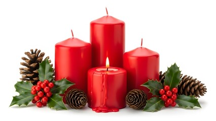 Festive red candles and pine cones isolated on white background, creating a warm and inviting holiday atmosphere.