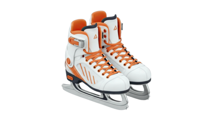 Pair Of White Ice Skates With Orange Laces And Accents Isolated On Transparent Background Detailed Sports Equipment For Winter Activities And Figure Skating