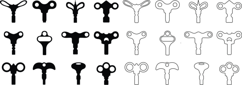Wind up keys silhouette toy mechanisms collection isolated on white
