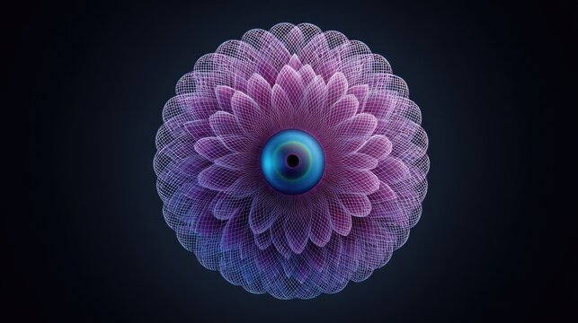 A digital flower-like sphere with layers of petals, blue center, set against dark backdrop