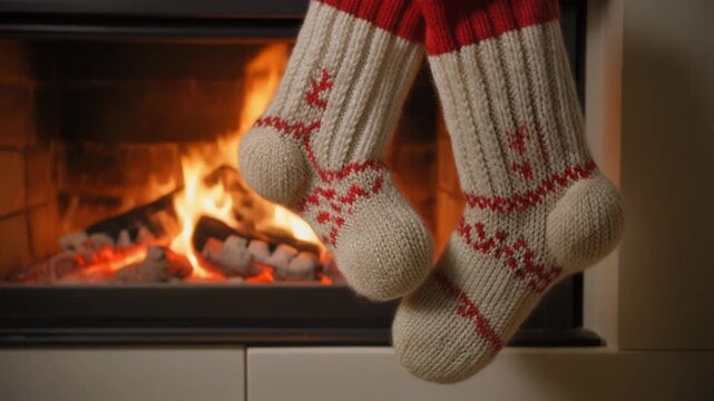 Two cozy knitted socks with red patterns hanging in front of a warm, crackling fireplace, evoking a festive winter atmosphere.