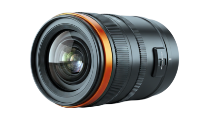 Professional Camera Lens with Orange Accent Ring Isolated on Transparent Background Studio Lighting Reflecting on Glass Surface Macro Detail Focus Photography Equipment Concept
