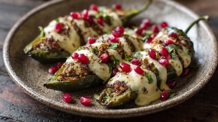 Overhead shot of Mexican chiles en nogada dish showcasing poblano peppers stuffed with picadillo walnut cream sauce and pomegranate seeds