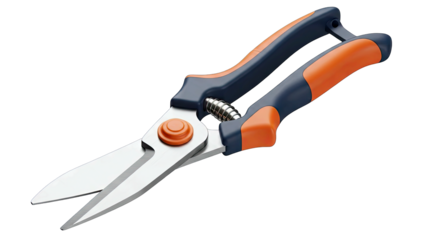 Professional Garden Shears With Orange And Dark Blue Handles Serrated Blades Shiny Metal Tool For Pruning And Cutting Isolated On Black Background Studio Shot