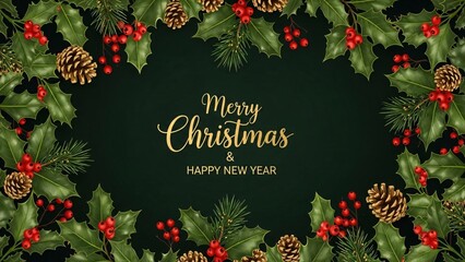 Festive christmas and new year greeting card with holly berries and pine cones decoration around text