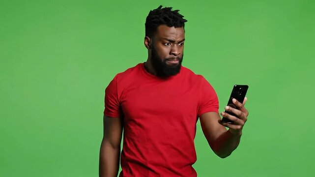 Frustrated Black Man with Beard Wearing Red T-Shirt Reacting Angrily to Smartphone Content on Green Screen Background
