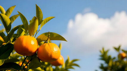 Bright Mandarin Oranges on Tree Branch against Blue Sky with Large Cloud
