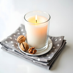 Cozy scented candle with walnuts on a decorative napkin