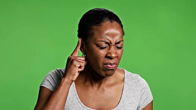 Frustrated Black Woman Gesturing To Ear With Intense Emotion Isolated On Green Screen Background