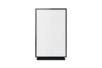 A minimalist black-framed blank signboard stands upright on a clean white surface. its empty space. ideal for customizable advertisements or displays in modern settings