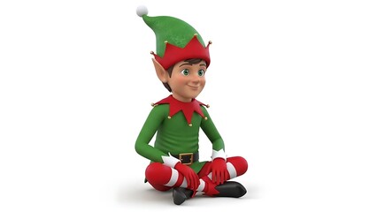 A cute 3D cartoon Christmas elf character sitting cross-legged on an isolated white background.