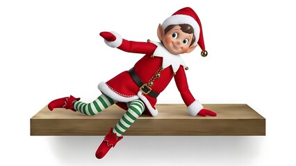 Fototapeta premium A cheerful Christmas elf toy in a red suit and striped leggings posing playfully on a wooden shelf against a white background.