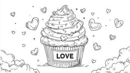 A black and white line art illustration of a whimsical cupcake with three layers of frosting topped with a swirl. The frosting is decorated with heart shapes and sprinkles.