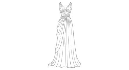Elegant long dress design sketch with flowing fabric and draped details illustration