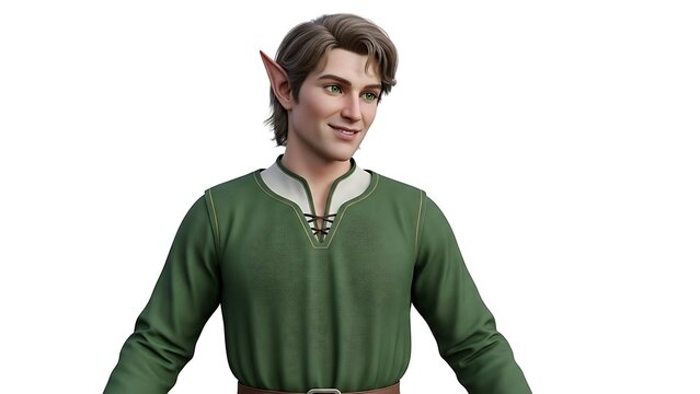 Portrait of a handsome young male elf with pointed ears wearing a simple green tunic, isolated on a white background.