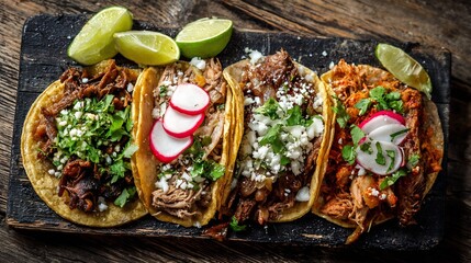 Overhead shot of traditional Mexican taco platter featuring carne asada al pastor and carnitas garnished with lime wedges fresh cilantro and sliced radish on a rustic wooden table