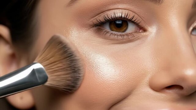 Closeup makeup application highlighting cheekbones with precision brush technique