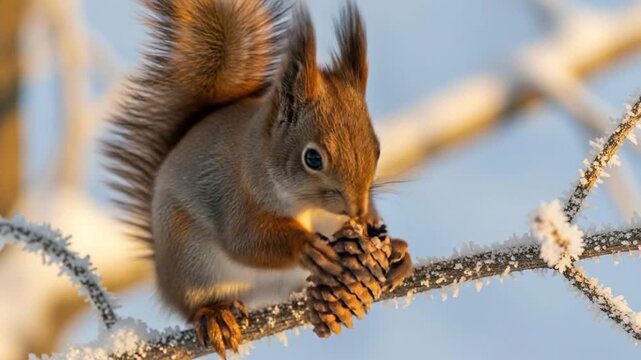 Captivating squirrel enjoying a pinecone in a frosty winter scene, bright sunshine