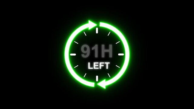 24 hours clock with circle arrow and the numbers 91 Hour left. video animation on alpha channel background, Clock timer, time passage waiting time animation (4K).