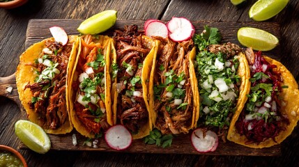 Overhead shot of traditional Mexican taco platter featuring carne asada al pastor and carnitas garnished with lime wedges fresh cilantro and sliced radish on a rustic wooden table