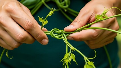 Hands creating a knot with vibrant green vine, symbolizing nature's embrace
