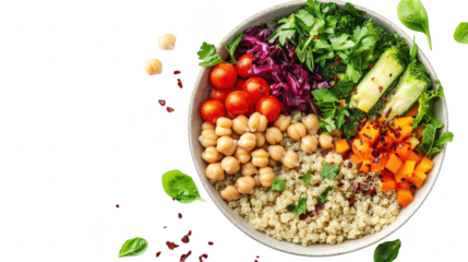 A vibrant. healthy salad bowl filled with quinoa. chickpeas. cherry tomatoes. fresh greens. and colorful vegetables. set against a minimalist white background. ideal for wellness and nutrition themes