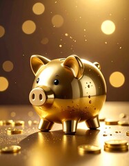 Golden piggy bank with scattered coins and bokeh in a warm environment