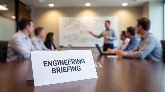 Engineering briefing sign on conference table with technical team professionals attending project presentation meeting with whiteboard diagrams in modern corporate office