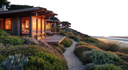 A serene coastal retreat a modern wooden house with expansive glass windows overlooking a sunset. surrounded by lush flowers and a sandy path leading to the ocean
