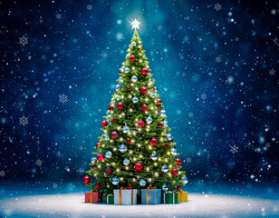 雪降る夜のクリスマスツリー