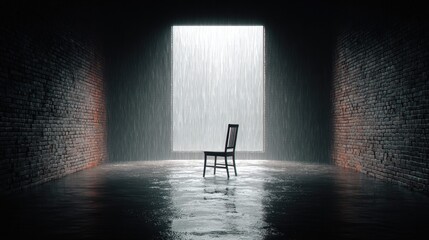 A solitary chair sits in a room as rain pours through a large opening.
