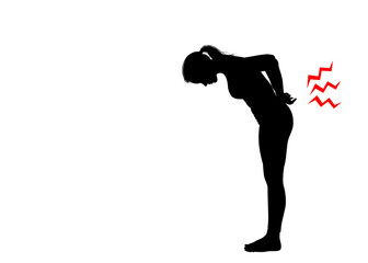 腰痛 ぎっくり腰の痛みで腰を抑えている女性のシルエットのイラスト 全身横向き