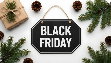 Black friday sale sign with christmas decorations on white background