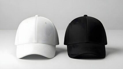 Two baseball caps white and black on a plain background