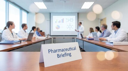  Pharmaceutical briefing sign on conference table during medical team meeting presentation with data charts