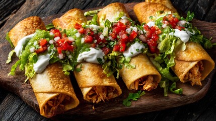 Overhead view of Mexican flautas served crispy golden filled with chicken and topped with lettuce crema and salsa verde