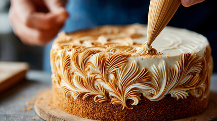 Close-up of a frosting swirl being carefully piped onto a cake with intricate designs, creating a beautiful and detailed finishing touch to a freshly baked creation