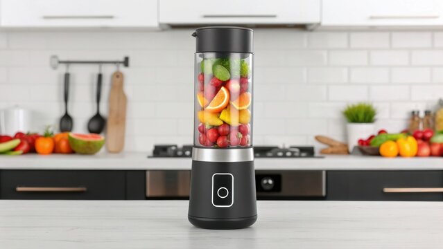 3D Household Appliances Modern blender filled with fresh fruits on a kitchen counter, ready for smoothie preparation.