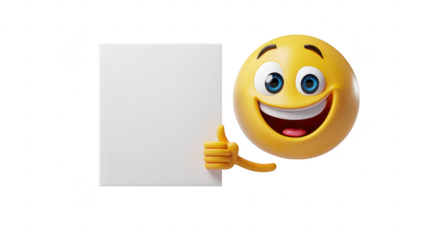 A cheerful emoji character with a big smile and blue eyes holds a blank white sign. set against a clean. minimalistic background. ideal for advertising or greeting purposes